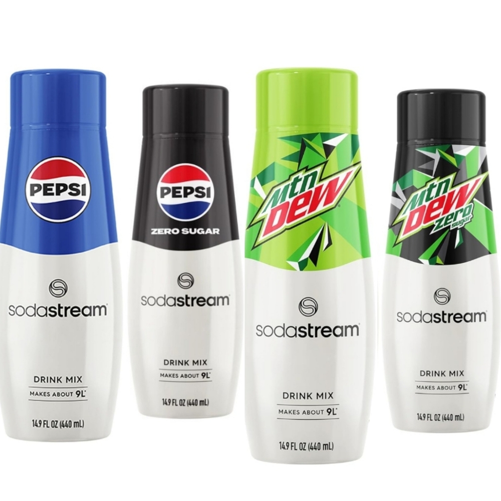 NEW! Sodastream Drink Mix 4 pack - pepsi, pepsi zero, mtn dew, mtn dew zero